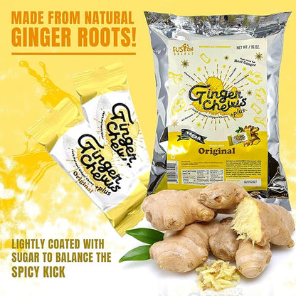 Fusion Select Ginger Chews - Sweet Soft Candied Delights From Indonesia - Promotes Relief From Morning Sickness, Upset Stomach - Made from Real Ginger Root, Non-GMO, Vegan Candy (1 Lb Coconut)