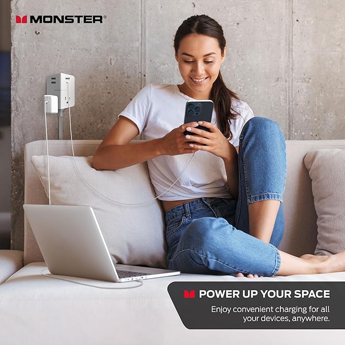 Monster Power Shield: Magnetic Wall Outlet Extender, Multiple Plug Outlet with 2 AC Outlets, 3 USB-A Ports, & 1 USB-C Port (20W)