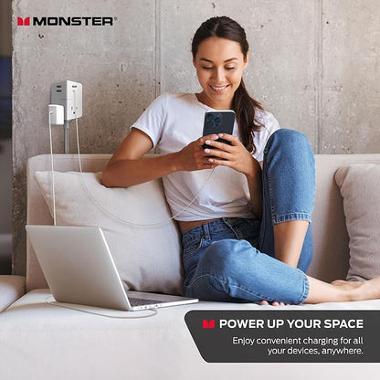 Monster Power Shield: Magnetic Wall Outlet Extender, Multiple Plug Outlet with 2 AC Outlets, 3 USB-A Ports, & 1 USB-C Port (20W)