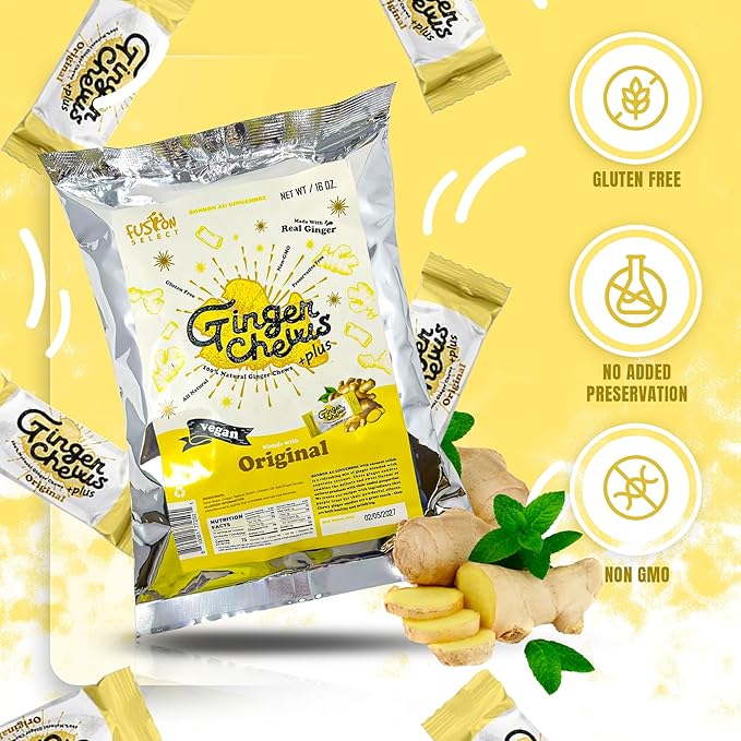 Fusion Select 1Lb Original Ginger Chews - Sweet Soft Candied Delights From Indonesia - Promotes Relief From Morning Sickness, Upset Stomach - Made from Real Ginger Root, Non-GMO, Vegan Candy