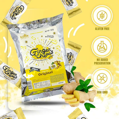 Fusion Select 1Lb Original Ginger Chews - Sweet Soft Candied Delights From Indonesia - Promotes Relief From Morning Sickness, Upset Stomach - Made from Real Ginger Root, Non-GMO, Vegan Candy