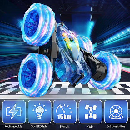Remote Control Car,Stunt RC Cars for Kids with Colorful Light,Fast USB-C Charging,Double-Sided 360° Rotating Rechargeable 4WD RC Truck Car Toys for Ages 5-7 Gift for Boys Girls Ages 8-12(Blue)