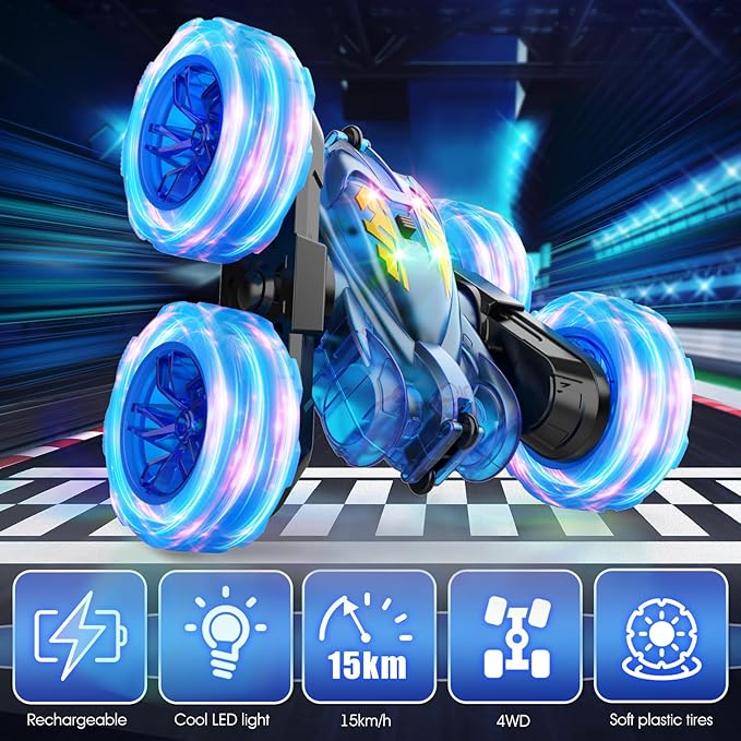 Remote Control Car,Stunt RC Cars for Kids with Colorful Light,Fast USB-C Charging,Double-Sided 360° Rotating Rechargeable 4WD RC Truck Car Toys for Ages 5-7 Gift for Boys Girls Ages 8-12(Blue)