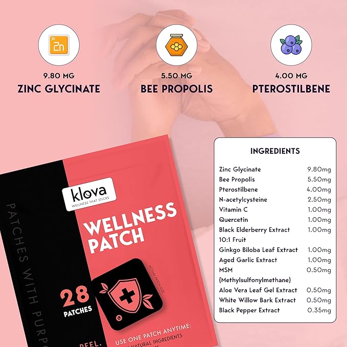 Klova Wellness Patches for Immune Support & Daily Wellness | 24-Hour Immune Support | Calm Patch for Adults with Zinc, Bee Propolis & Pterostilbene