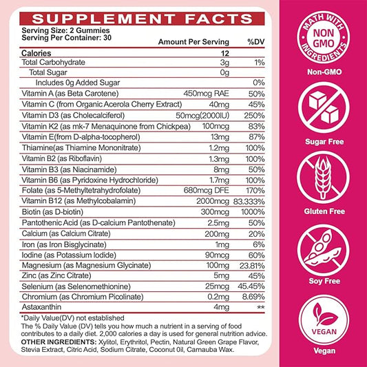 Sugar-Free Womens Multivitamin Gummies - High Absorption Multivitamin for Women Gummy with Omega-3, Astaxanthin, Calcium, Iron, Vitamin A, C, D3, K2, E, B6, B12 - Supports Skin, Hair, Energy, Immune