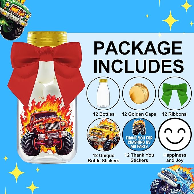 Small 12 Pack Monster Truck Party Favors - DIY Candy Jars with Ribbons and Stickers - Party Decoration Bottles for Birthday, School Classroom, and Baby Shower - Kids Car Table Centerpieces