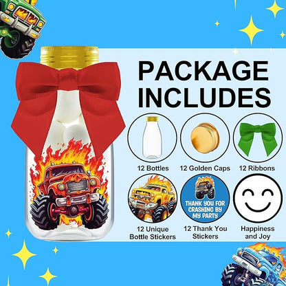 Small 12 Pack Monster Truck Party Favors - DIY Candy Jars with Ribbons and Stickers - Party Decoration Bottles for Birthday, School Classroom, and Baby Shower - Kids Car Table Centerpieces