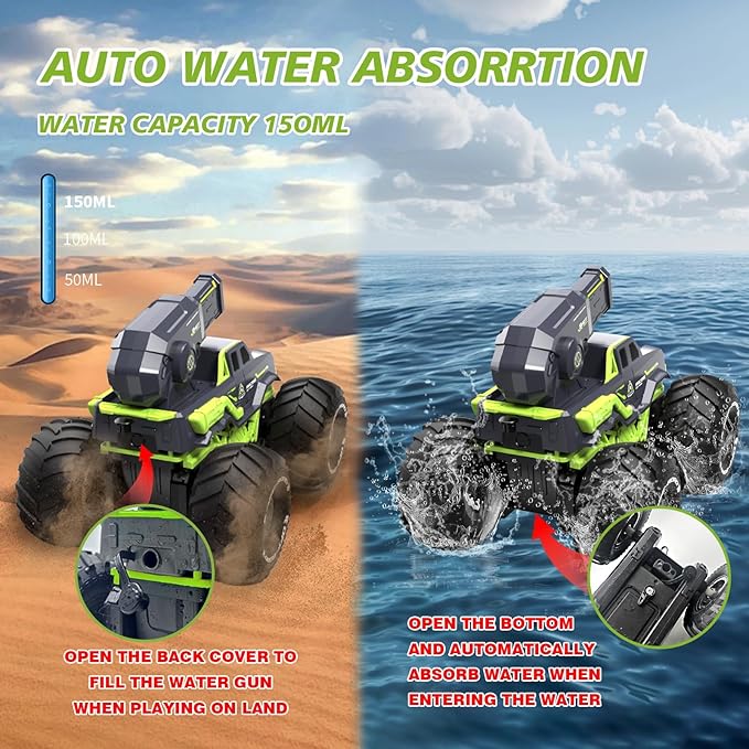 1:16 Amphibious Remote Control Car with Water Gun 4WD Gesture Sensing RC Car Boat Waterproof RC Truck Off-Road Stunt Car Toy for Kids/Adults Monster Truck for Outdoor Gift（with 2 Replaceable battery)