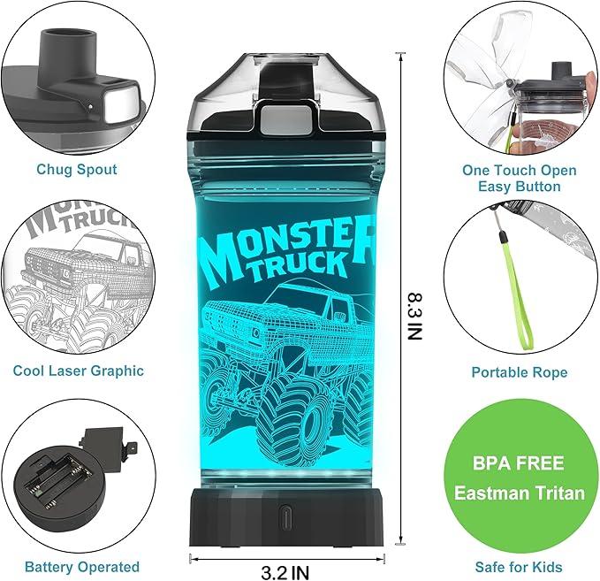 Lightzz Kids Water Bottle with 3D Glowing Monster Truck LED Light - 14 OZ Tritan BPA Free - Creative Ideal Travel Cup Car Race Gift for School Kid Boy Child Holiday Camping Picnic