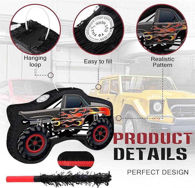 Car Pinata with Stick & Hanging Loop Mexican Pinata Game for Monster Truck Party Decorations Race Car Theme Birthday Carnival Party Supplies