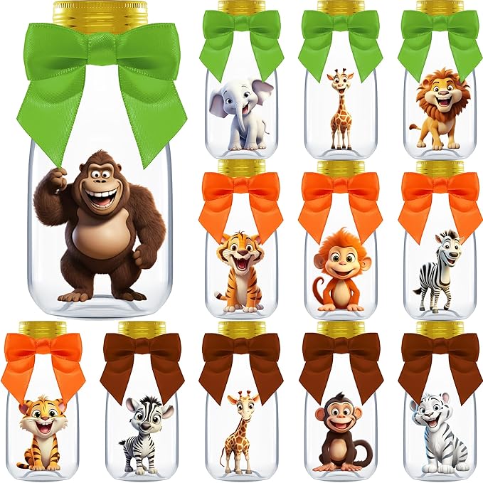 Small 12 Pack Safari Party Favors - DIY Candy Jars with Ribbons and Stickers - Party Decoration Bottles for Birthday, School Classroom, and Baby Shower - Giftable Table Centerpieces for Kids