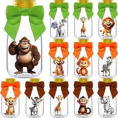 Small 12 Pack Safari Party Favors - DIY Candy Jars with Ribbons and Stickers - Party Decoration Bottles for Birthday, School Classroom, and Baby Shower - Giftable Table Centerpieces for Kids