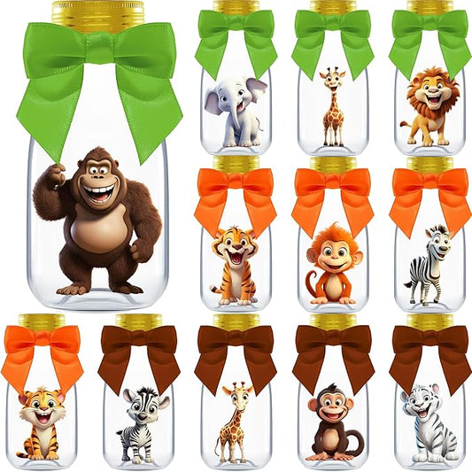 Small 12 Pack Safari Party Favors - DIY Candy Jars with Ribbons and Stickers - Party Decoration Bottles for Birthday, School Classroom, and Baby Shower - Giftable Table Centerpieces for Kids