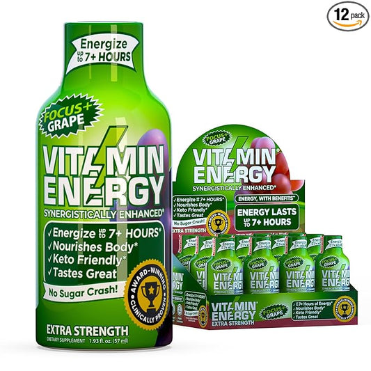 Vitamin Energy Focus+ Extra Strength Daily Energy Shot – Grape – 260mg Natural Caffeine, 100% DV B-Vitamins – Focus & Productivity Support – Zero Sugar, Vegan, Kosher – 1.93 fl oz, 12-Pack