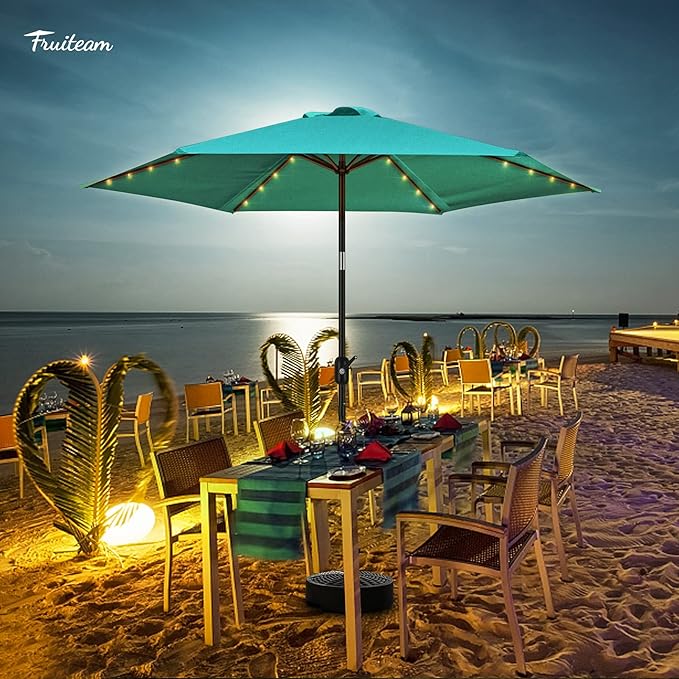 FRUITEAM 7.5 ft Solar Umbrella 24 LED Lighted Patio Umbrella Table Market Umbrella with Tilt and Crank Outdoor Umbrella for Garden, Deck, Backyard, Pool and Beach