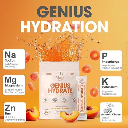Genius Hydrate Stick Pack Powder Drink Mix - Sour Peach Rings Flavor, Natural Electrolyte Booster with Coconut Water & Potassium for Ultimate Hydration -20 Packets