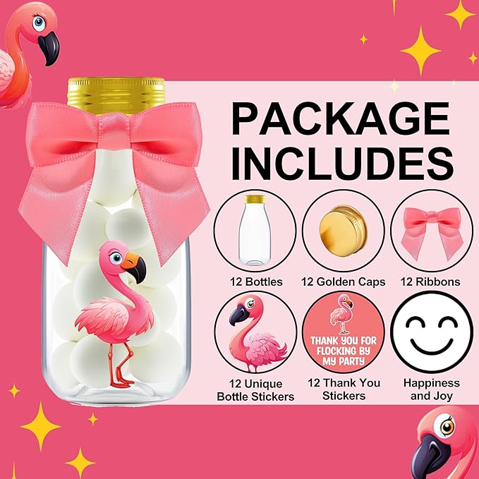 Small 12 Pack Flamingo Party Favors - DIY Candy Jars with Ribbons and Stickers - Party Decoration Bottles for Birthday, Baby Shower and Bachelorette - Pink Table Centerpiece for Kids and Adults