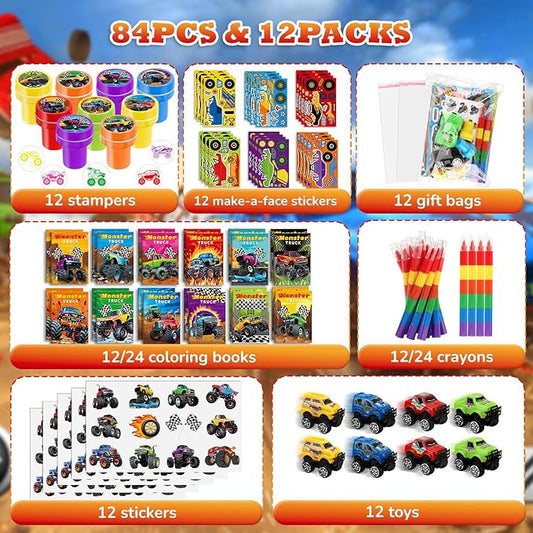 BenLouis 84Pcs Monster Truck Party Favors Truck Car Theme Coloring Books Crayons Sticker Set Bulk for Kids Racing Wheels Birthday Decor Goodie Bag Stuffer Classroom Rewards Craft Pinata Supplies