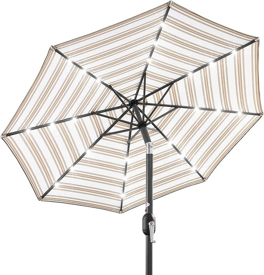 Best Choice Products 10ft Solar Polyester LED Lighted Patio Umbrella w/Tilt Adjustment and UV-Resistant Fabric - Striped Tan