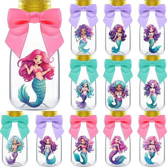 Small 12 Pack Mermaid Party Favors - DIY Candy Jars with Ribbons and Stickers - Party Decoration Bottles for Birthday, School Classroom, and Baby Shower - Mermaid Table Centerpiece for Girls