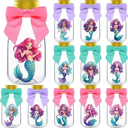 Small 12 Pack Mermaid Party Favors - DIY Candy Jars with Ribbons and Stickers - Party Decoration Bottles for Birthday, School Classroom, and Baby Shower - Mermaid Table Centerpiece for Girls