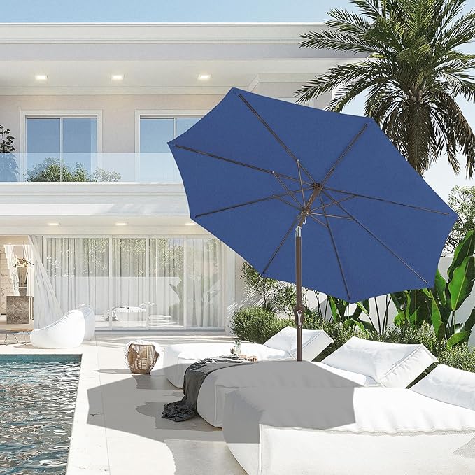 JEAREY 9FT Outdoor Patio Umbrella Outdoor Table Umbrella with Push Button Tilt and Crank, Market Umbrella 8 Sturdy Ribs UV Protection Waterproof for Garden, Deck, Backyard, Pool (Dark Blue)