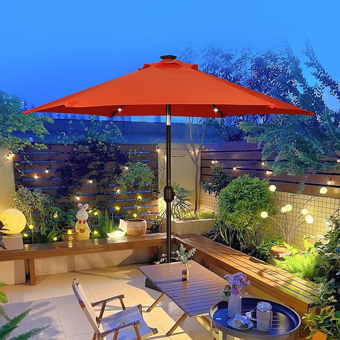 Blissun 7.5 ft Solar Umbrella, 18 LED Lighted Patio Umbrella, Table Market Umbrella