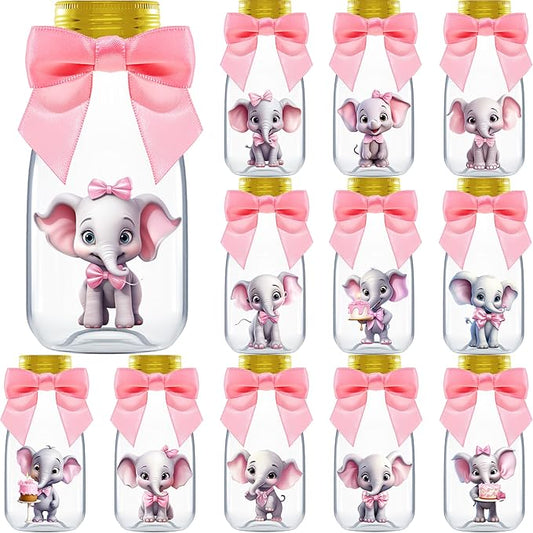 Small 12 Pack Pink Elephant Party Favors - Candy Jars with Ribbons and Stickers - DIY Party Decoration Bottles for Baby Shower, Birthday, Gender Reveal, and Classroom - Girl Table Centerpiece