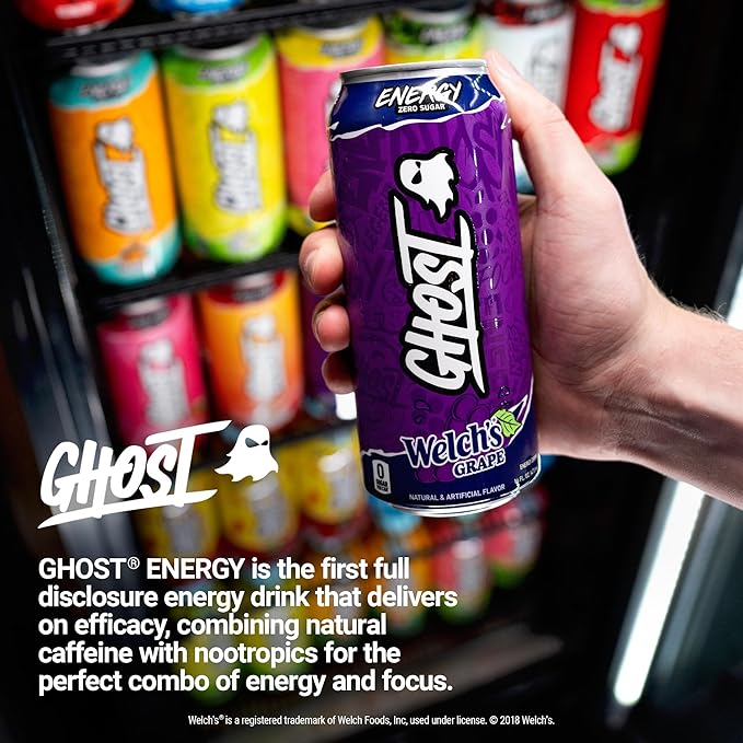 GHOST Energy Drink - 12-Pack, Welch's Grape, 16oz Cans - Energy & Focus & No Artificial Colors - 200mg of Natural Caffeine, L-Carnitine & Taurine - Gluten-Free & Vegan