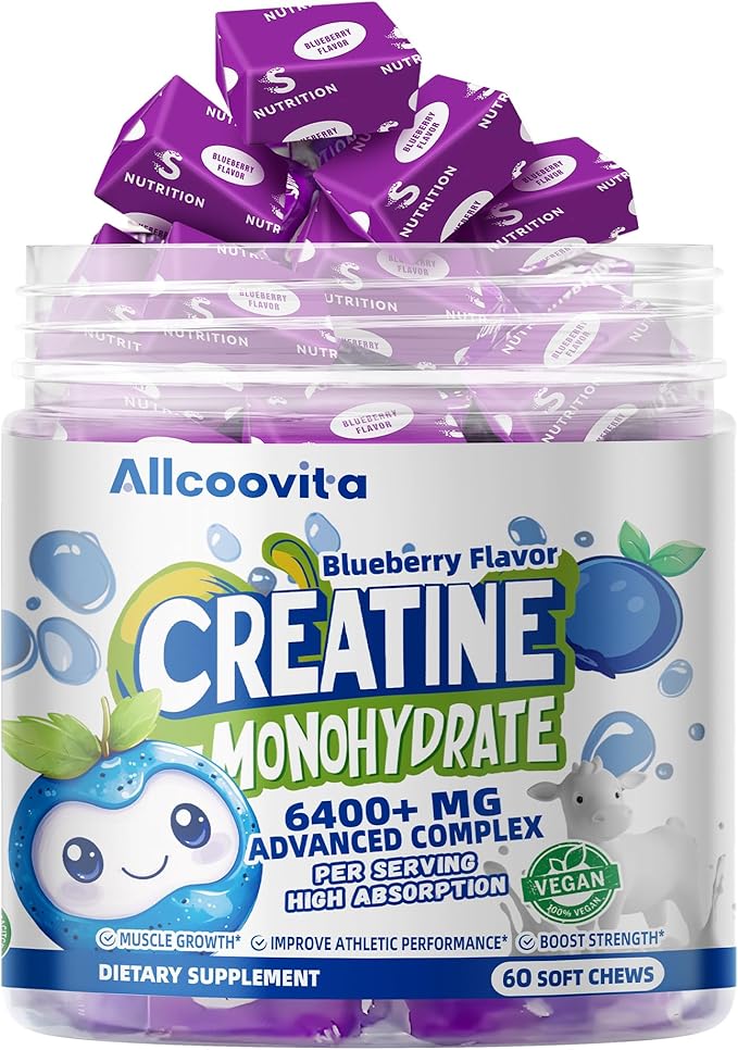 Creatine Monohydrate Chews Complex 6400mg for Men & Women -Advanced Formula W/L-Taurine + Vitamin B12, Sugar Free Chewable Supplement,60 Blueberry Softchews