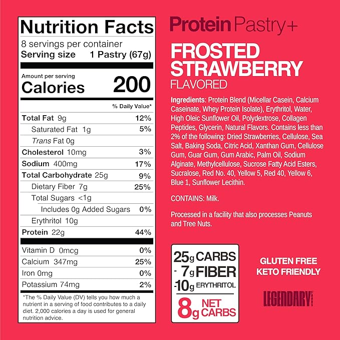 Legendary Foods 22g Protein Pastry+ Premium Low Carb Meal Replacement Bar - Low Glycemic, Gluten Free Protien Snacks - Healthy Keto Snack Box, 8x Zero Sugar Energy Bars - Bariatric Diabetic Friendly