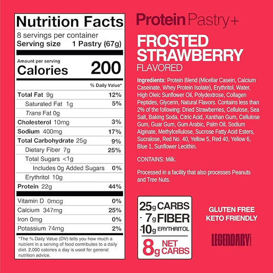 Legendary Foods 22g Protein Pastry+ Premium Low Carb Meal Replacement Bar - Low Glycemic, Gluten Free Protien Snacks - Healthy Keto Snack Box, 8x Zero Sugar Energy Bars - Bariatric Diabetic Friendly