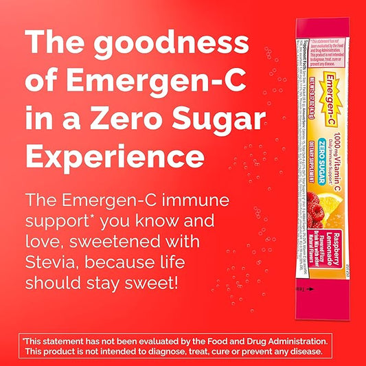 Emergen-C Zero Sugar 1000 mg Vitamin C Powder for Daily Immune Support Caffeine Free Vitamin C Supplements with Zinc and Manganese, B Vitamins and Electrolytes, Raspberry Lemonade Flavor - 36 Count