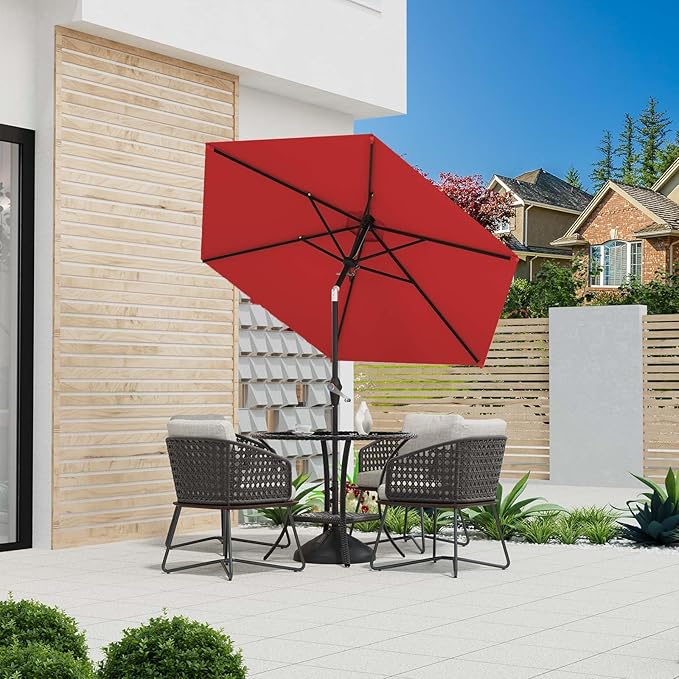 7.5FT Patio Umbrella Table Market Umbrella w/Tilt and Crank Heavy-Duty Round Outdoor Umbrellas for Garden, Deck, Backyard, Pool and Beach, Red