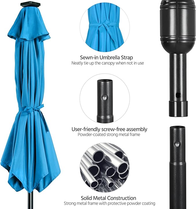 Yaheetech 10FT Solar Patio Umbrella 32 LED Lighted Outdoor Table Market Umbrella with 8 Ribs/Tilt Adjustment and UV-Resistant, Sky Blue