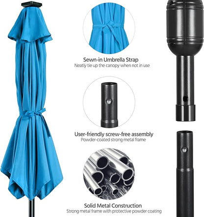 Yaheetech 10FT Solar Patio Umbrella 32 LED Lighted Outdoor Table Market Umbrella with 8 Ribs/Tilt Adjustment and UV-Resistant, Sky Blue