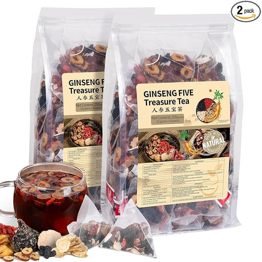 Ginseng Five Treasures Kidney Tea - Traditional Chinese Herbal, Natural Organic Cleanse Detox for Women & Men, 7 Precious Ingredients Formula (2 Pack/50 Bags)