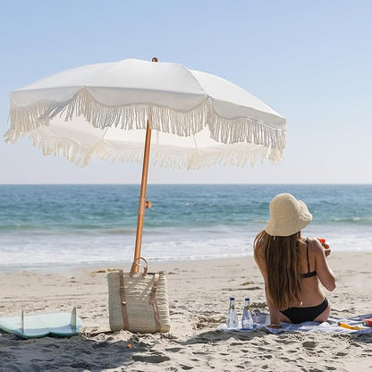 AMMSUN Boho Fringe Umbrella Outdoor Patio, 6.5ft UPF50+ Picnic Umbrella with Tassels with Steel Pole and Push Button Tilt, Antique White