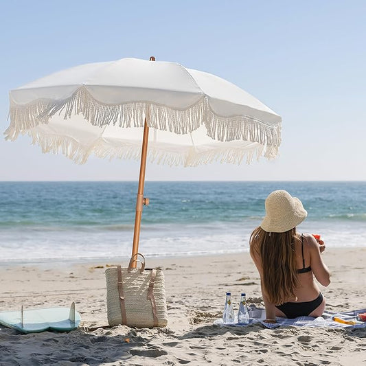 AMMSUN Boho Fringe Umbrella Outdoor Patio, 6.5ft UPF50+ Picnic Umbrella with Tassels with Steel Pole and Push Button Tilt, Antique White