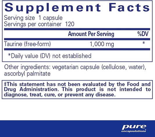 Pure Encapsulations Taurine 1,000 mg - Supports Heart Health & Detox - Essential Amino Acid - Liver & Gallbladder Health* - Vegan & Gluten Free - 120 Capsules