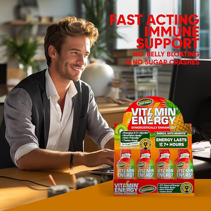Vitamin Energy Immune+ Extra Strength Daily Energy Shot – Fruit Punch – 260mg Natural Caffeine, B-Vitamins, Green Tea, Citicoline – Immune & Focus Support – Zero Sugar, Vegan – 1.93 fl oz, 48-Pack