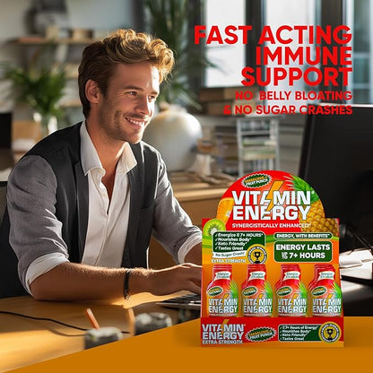 Vitamin Energy Immune+ Extra Strength Daily Energy Shot – Fruit Punch – 260mg Natural Caffeine, B-Vitamins, Green Tea, Citicoline – Immune & Focus Support – Zero Sugar, Vegan – 1.93 fl oz, 12-Pack