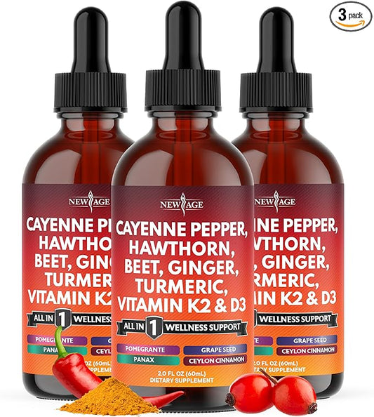 Cayenne Pepper Supplement Liquid Drops + Hawthorn Berry, Vitamin D3 K2 Beet Root Powder, Ceylon Cinnamon, Turmeric Curcumin, Organic Panax Ginseng - 6oz