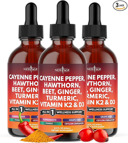 Cayenne Pepper Supplement Liquid Drops + Hawthorn Berry, Vitamin D3 K2 Beet Root Powder, Ceylon Cinnamon, Turmeric Curcumin, Organic Panax Ginseng - 6oz