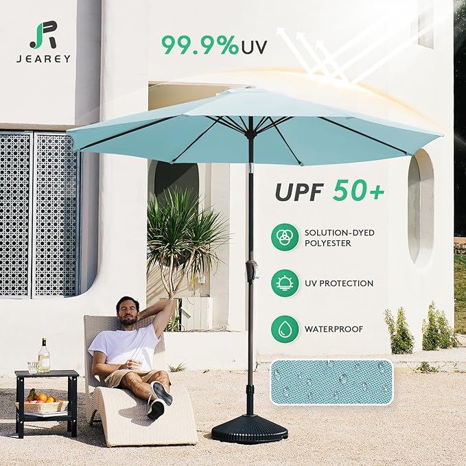 JEAREY 9FT Outdoor Patio Umbrella Outdoor Table Umbrella with Push Button Tilt and Crank, Market Umbrella 8 Sturdy Ribs UV Protection Waterproof for Garden, Deck, Backyard, Pool (Light Blue)