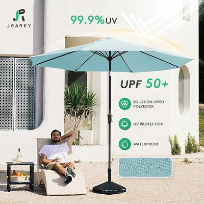 JEAREY 9FT Outdoor Patio Umbrella Outdoor Table Umbrella with Push Button Tilt and Crank, Market Umbrella 8 Sturdy Ribs UV Protection Waterproof for Garden, Deck, Backyard, Pool (Light Blue)