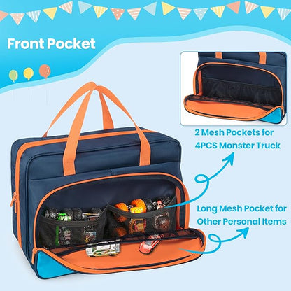 CURMIO Carrying Case Compatible with Monster Jam Trucks, Portable 1:64 Scale Monster Truck Bag Holding 34 Toy Cars for Collectors, Dark Blue, Bag Only
