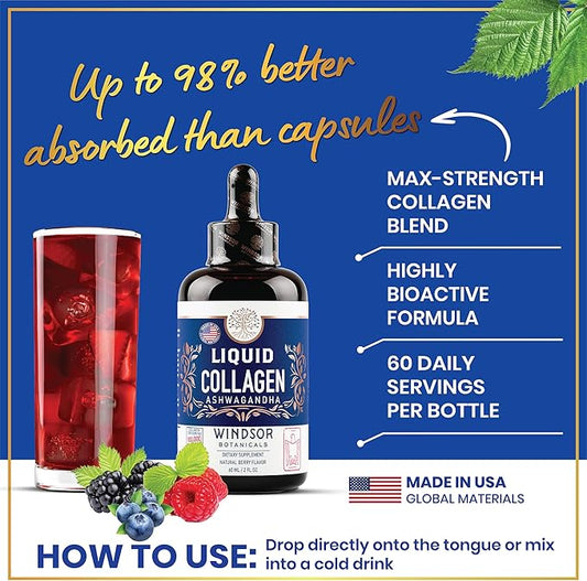 Liquid Collagen for Women with Ashwagandha, Elderberry, L-Theanine - High Absorption 100,000 mcg Hydrolyzed Collagen Peptides Liquid - Collagen Drops Hair, Skin, Nails and Nails Support – 60 Servings