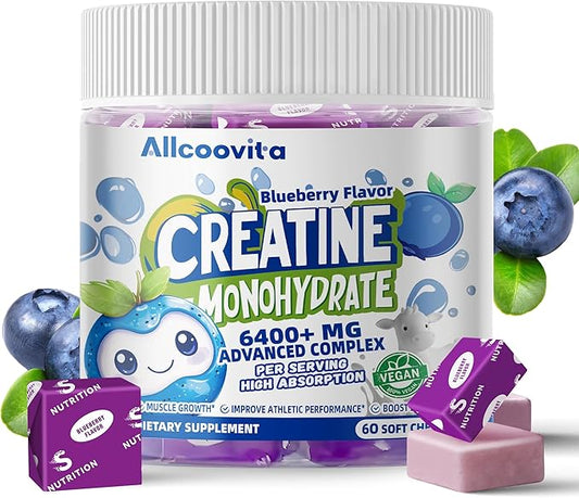 Creatine Monohydrate Chews Complex 6400mg for Men & Women -Advanced Formula W/L-Taurine + Vitamin B12, Sugar Free Chewable Supplement,60 Blueberry Softchews