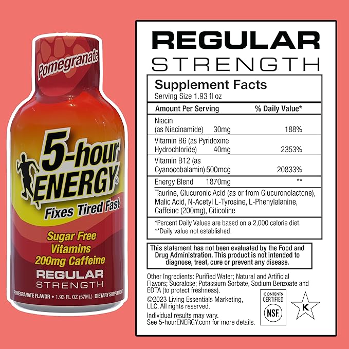 5-hour ENERGY Regular Strength Energy Shot, Pomegranate Flavor (1.93 oz. - 24 Count) Zero Calories & Sugar-Free 200 mg Caffeinated Shot, Amino Acids & B Vitamins, Dietary Supplements
